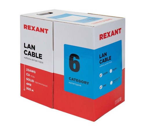 Кабель витая пара U/UTP кат.6 4х2х23AWG solid CU PVC син. (м) Rexant 01-0047 Кабель витая пара U/UTP кат.6 4х2х23AWG solid CU PVC син. (м) Rexant 01-0047
